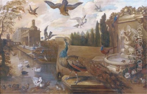 A Peacock, Swans, Ducks, Pheasants And Other Birds Near A Classical Fountain In A Park Landscape Oil Painting - Pieter Casteels III