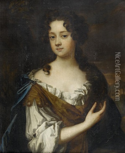 Portrait Of Anne, Countess Of Nottingham In A White Chemise And A Gold And Blue Wrap Oil Painting - Mary Beale
