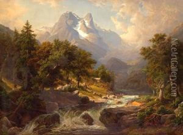 A Mountainous Landscape With A Fast Flowing River Oil Painting - Arnold Schulten