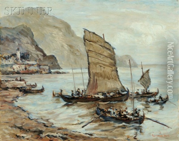 Cargo Boats, Funghal, Madeira Oil Painting - Reynolds Beal