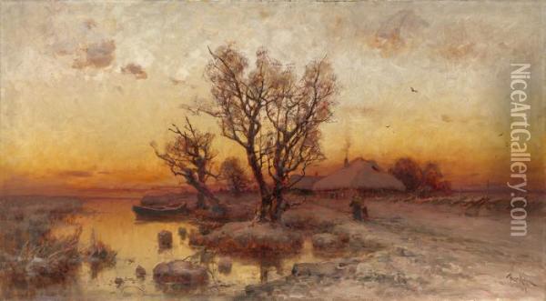 Sunset Over A Ukrainian Hamlet Oil Painting - Iulii Iul'evich (Julius) Klever