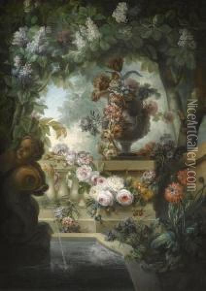 A Garden Scene With An Urn Of Flowers, A Flower Garland And A Fountain Beneath A Canopy Of Wisteria Oil Painting - Miguel Parra