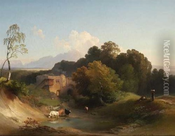 Vorgebirgslandschaft Mit Schlossruine Oil Painting - Johann Fischbach