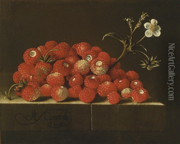Wild Strawberries On A Ledge Oil Painting - Adriaen Coorte