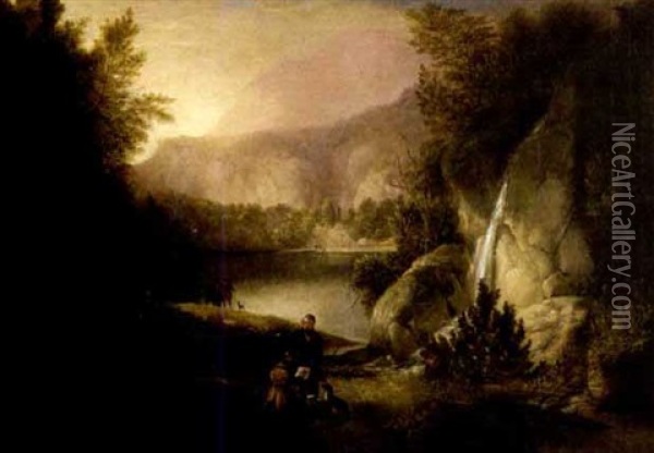 Landscape With Waterfall And Artist Sketching Oil Painting - Alvan Fisher