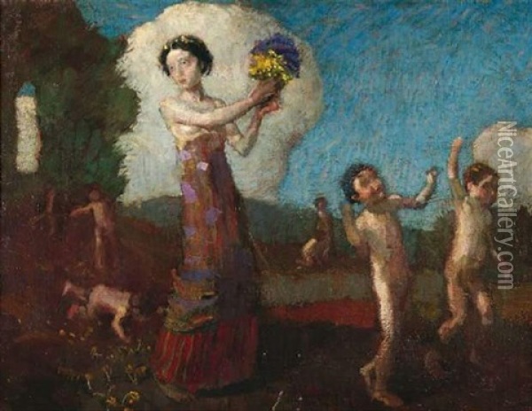Tanzendes Madchen Mit Kindern Oil Painting - Christian Landenberger