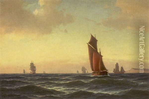 Marine Med Sejlskibe Oil Painting - Carl Ludwig Bille
