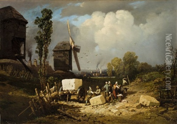 Steinbrucharbeiter Vor Industrielandschaft Oil Painting - Charles Hoguet