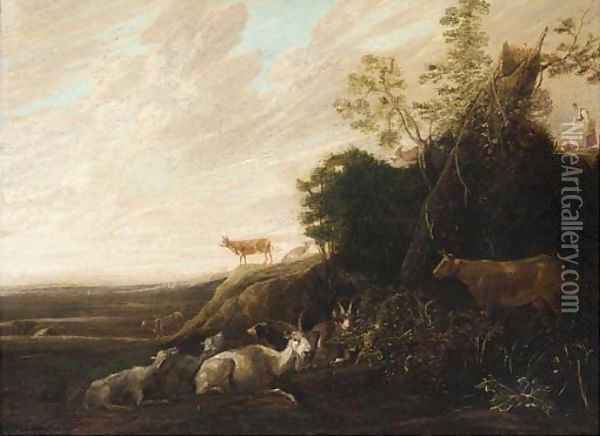 A landscape with cattle in the foreground Oil Painting - Francois Ryckhals