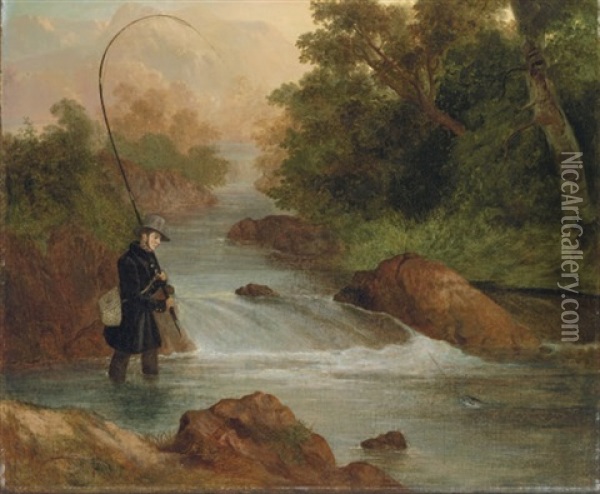 A Gentleman Fishing Oil Painting - Philipp Reinagle
