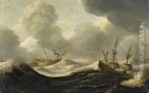 Sailing Ships On Stormy Waters Oil Painting - Claes Claesz Wou