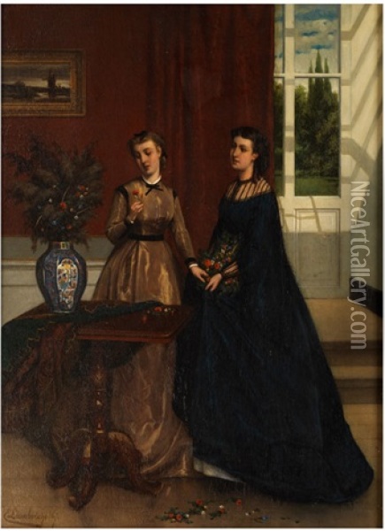 Interieur Mit Zwei Jungen Frauen Oil Painting - Edomond Alphonse Charles Lambrichs
