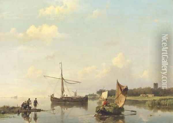 Activities on a calm river in summer Oil Painting - Hermanus Koekkoek