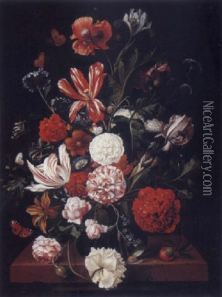 Fleurs Dans Un Vase Et Papillons Rouges, Sur Un Entablement Oil Painting - Bartholomeus Assteyn