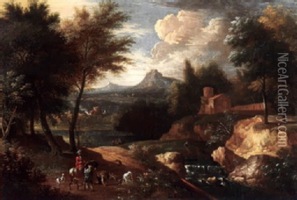 Sudliche Landschaft Mit Burg, Wasserfall Und Hirten Oil Painting - Cornelis Huysmans