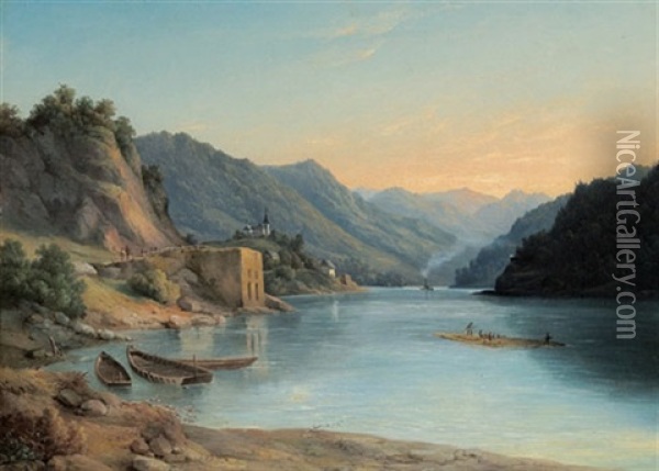 Flosser Auf Der Donau, Links Am Ufer Eine Kirche Oil Painting - Carl Lafite