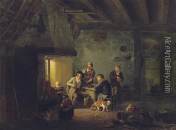 Peasants In An Interior Oil Painting - Georg Adam Schmidt