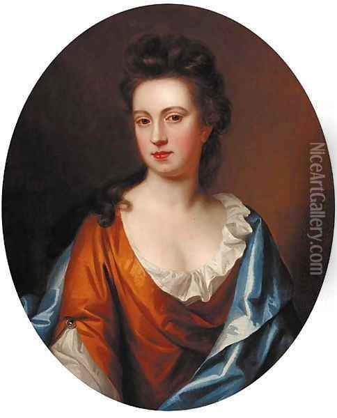 Portrait of a lady, half-length, in a gold dress with a blue wrap, feigned oval Oil Painting - Sir Godfrey Kneller
