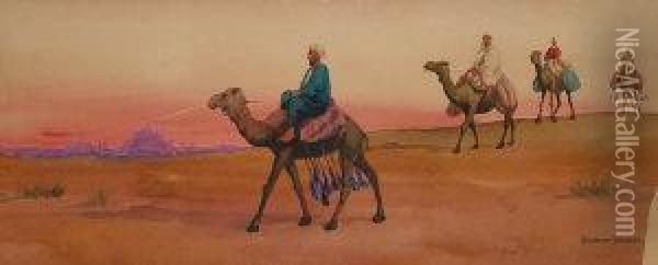 Bedouin Tribesmen Approaching A City At Sunset Oil Painting - Arthur Dudley
