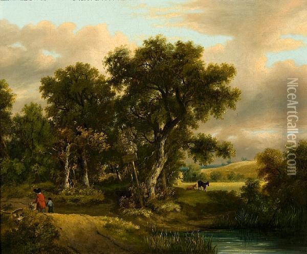 Figures In A Wooded Country Lane Oil Painting - Samuel David Colkett