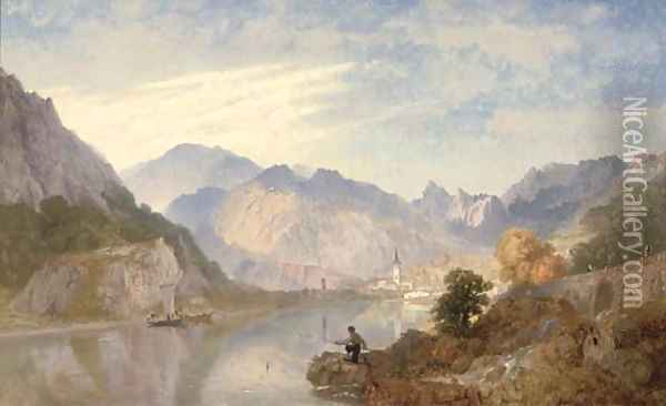 A picnic on the lago d'Orta with the town of Omegna beyond Oil Painting - James Baker Pyne