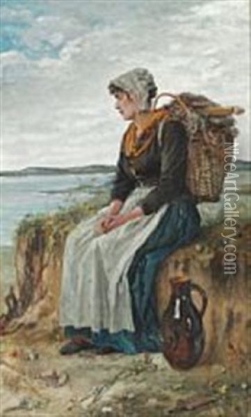 A Fisherman's Daughter Resting Near The Sea With A Heavy Basket On Her Back Oil Painting - Maria (Philips-Weber) Weber