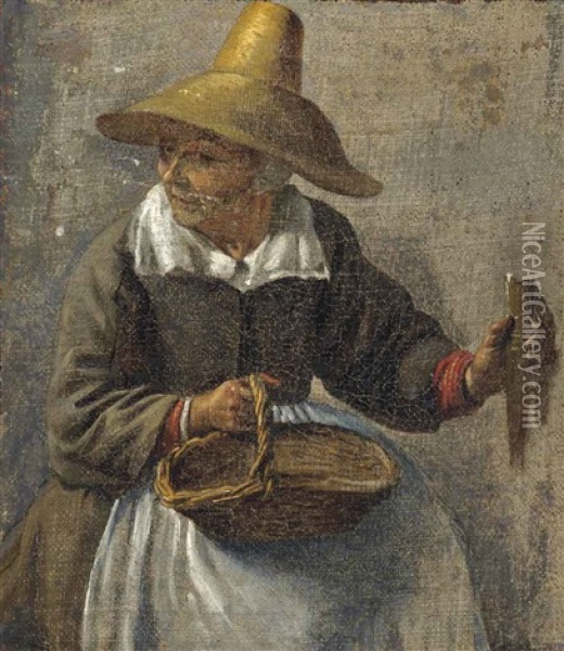 A Seated Woman With A Basket Oil Painting - Pieter Jacobsz. van Laer