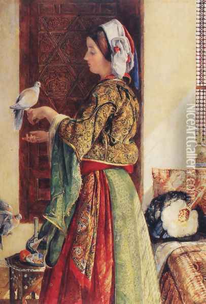 Girl with Two Caged Doves Oil Painting - John Frederick Lewis