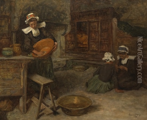 Breton Women In A Kitchen Oil Painting - Aloysius C. O'Kelly