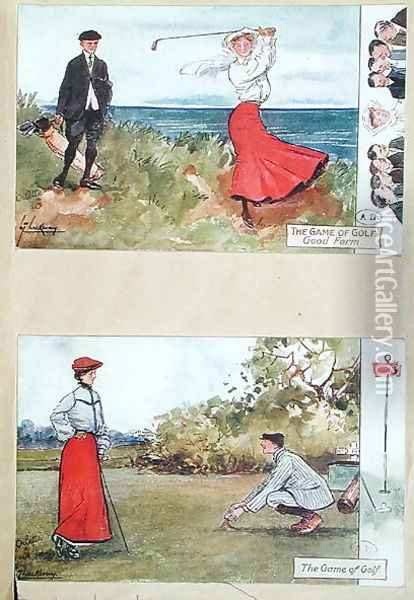 Postcards depicting the game of golf, early 20th century Oil Painting - Lance Thackeray
