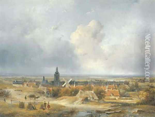 Summer in Holland a panoramic view of a village in the dunes Oil Painting - Andreas Schelfhout