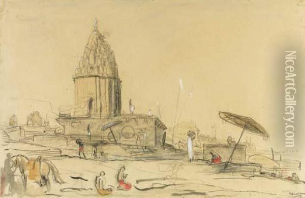 A Temple On The Ganges At 
Benares (recto); A Sketch Of Temples Andother Buildings Along The Ganges
 (verso) Oil Painting - Marius Bauer