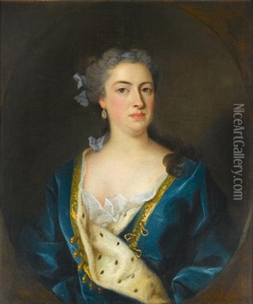 Portrait Of A Lady In A Blue Ermine-lined Robe And A Blue Ribbon In Her Hair (in Pntd Oval) Oil Painting - Jean-Baptiste van Loo
