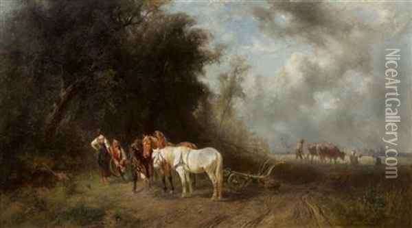 Pause During Plowing, 1869 Oil Painting - Ludwig Hartmann
