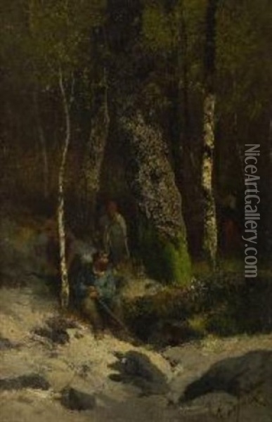 Holzsammler In Waldlandschaft Oil Painting - Alexandre Defaux