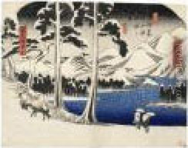 Hakone Sanchu Kosui No Zu, Bosetsu. Hakone Et Montagnes Enneigees Au Coucher Du Soleil Oil Painting - Utagawa or Ando Hiroshige