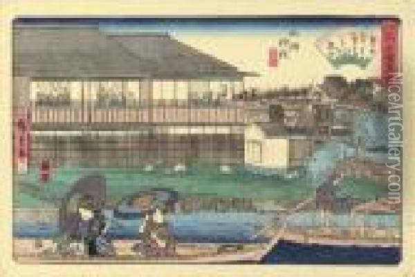 Dainoshi Ryogoku Yanagibashi (the Dainoshi Restaurant At Yanagi Bridge, Ryogoku) Oil Painting - Utagawa or Ando Hiroshige