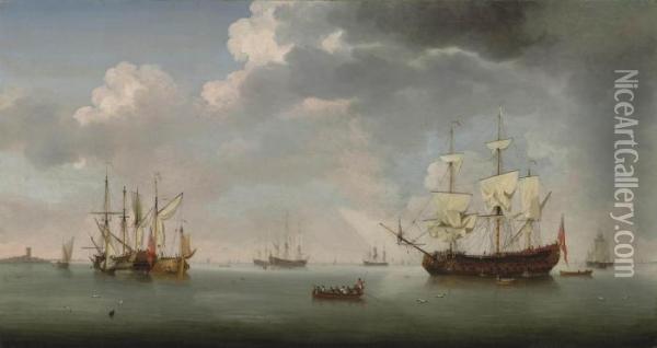 A 70-gun Royal Naval Two Decker Oil Painting - Samuel Scott