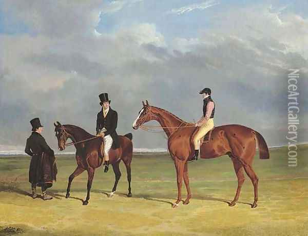 The Colonel with William Scott up and John Scott on a dark bay hack, with groom, Doncaster racecourse beyond Oil Painting - John Frederick Herring Snr