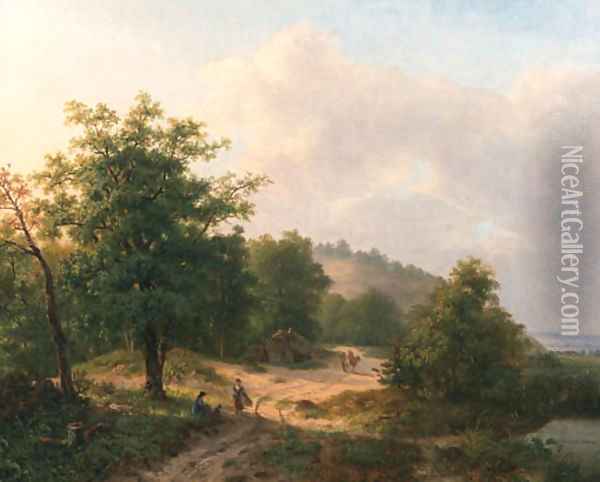 A mountainous wooded landscape with travellers conversing on a sandy track Oil Painting - Hendrik Verpoeken