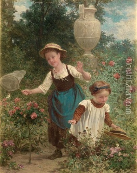 Little Faggot Gatherers (+ Catching Butterflies; Pair) Oil Painting - Andre Henri Dargelas