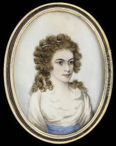 A Lady, Wearing White Dress With
 Blue Waistband And Strand Of Pearls In Her Powdered Hair Oil Painting - Frederick Buck