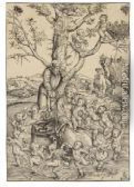 Die Heilige Familie In Der Landschaft, Von Engeln Umrundet Oil Painting - Lucas The Elder Cranach