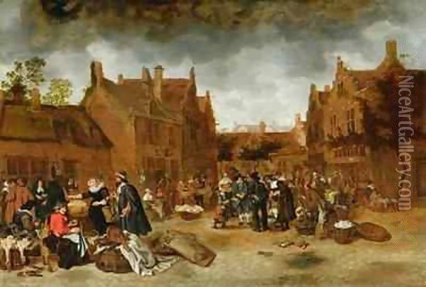 A Marketplace in Winter Oil Painting - Sybrand Van Beest