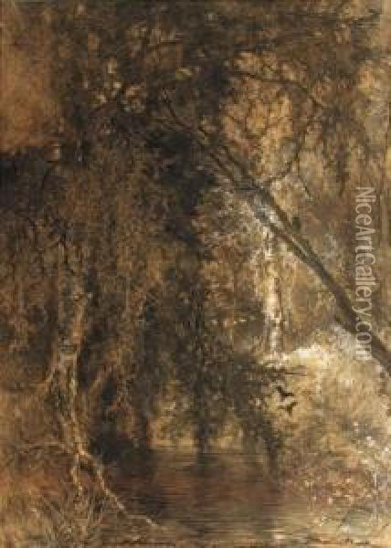 Trees Hanging Over A Stream Oil Painting - Johannes Warnardus Bilders