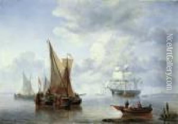 Zwei Seestucke. 1. Schiffe In Kustennahe Auf Ruhiger See. 2. Sturm An Der Kuste. Oil Painting - George Willem Opdenhoff