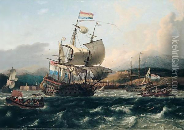 Dutch and english men of war with galley and other shipping off a Levantine coast Oil Painting - Ludolf Backhuysen