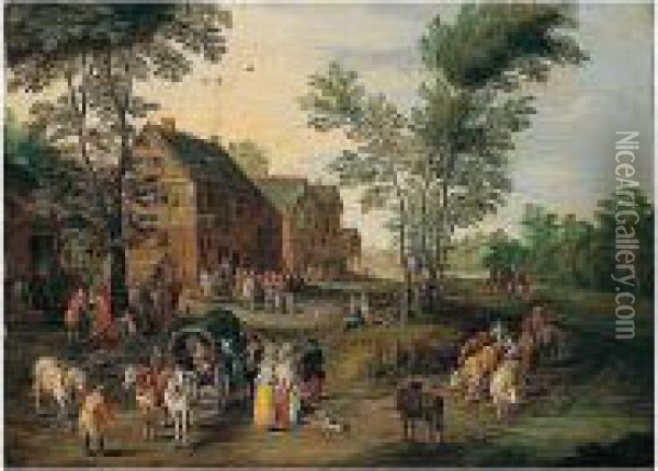 A Village Scene With A Wagon And Elegant Figures Halted Near An Inn Oil Painting - Pieter Gysels