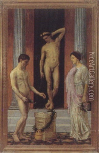 Klassisk Scene Med Laurbaerkranset Yngling Samt Kvinde Og Ung Mand Oil Painting - Johannes Kragh