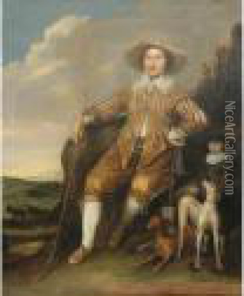 A Gentleman Seated Full Length In A Landscape With Hounds And A Young Attendant Oil Painting - Aelbert Cuyp